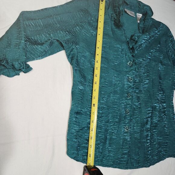 Drapers & Damons Top Women PM Petite Green Blouse Ruffled Buttons Crinkle - Picture 7 of 9